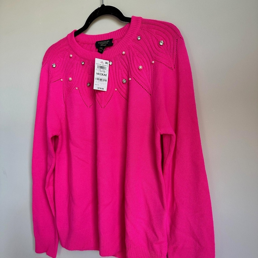 Charter Club Cashmere Sweater Womens Medium Hot‎ Pink Pearl Embellished NWT - Picture 8 of 11